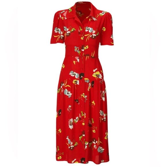 CAbi Women’s Afternoon Midi Dress 6218 Red Floral Size Small Short Sleeve - Picture 2 of 11